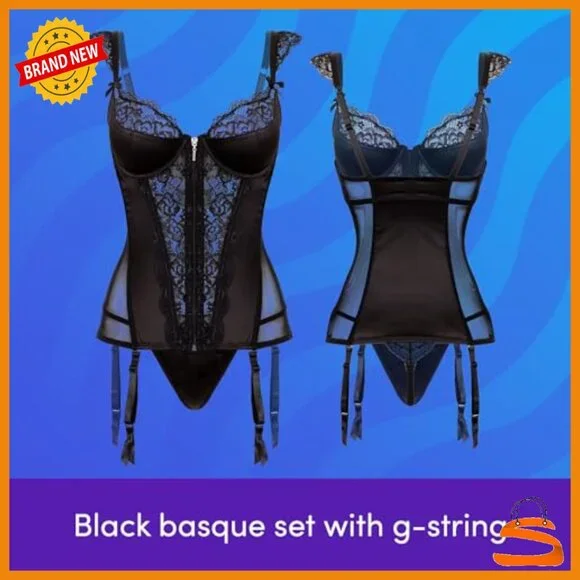 Satin Basque & G-String Set with Push Up Cups and Suspender Straps